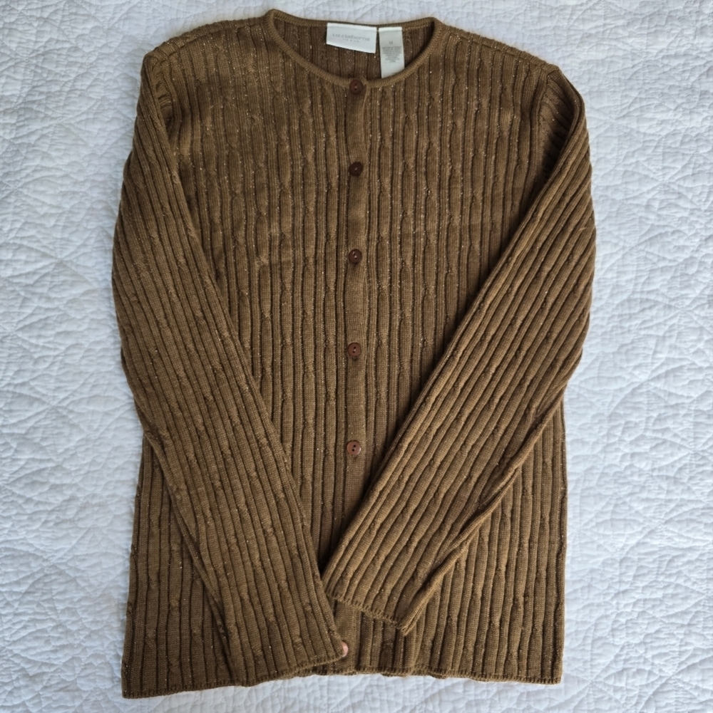Liz Claiborne Wool Blend Cable Knit Button Up Shimmer Cardigan Sweater